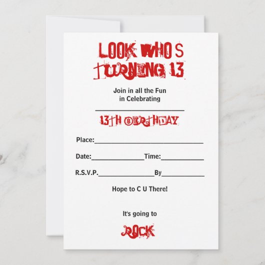 13誕生日、エレキギター、赤/白/黒 招待状 (裏面)
