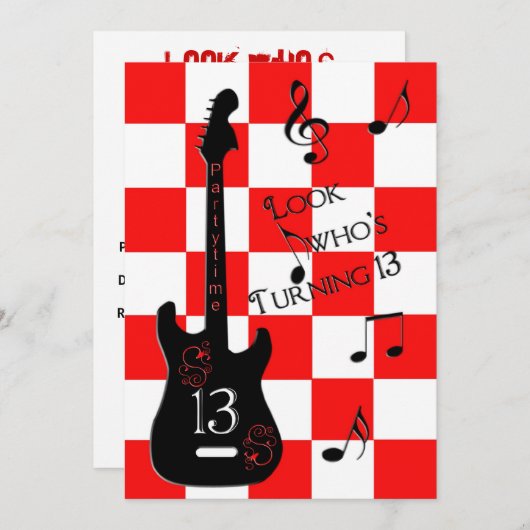13誕生日、エレキギター、赤/白/黒 招待状 (正面/裏面)