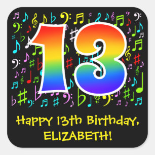 13誕生日:カラフル音楽シンボル、レインボー13 スクエアシール