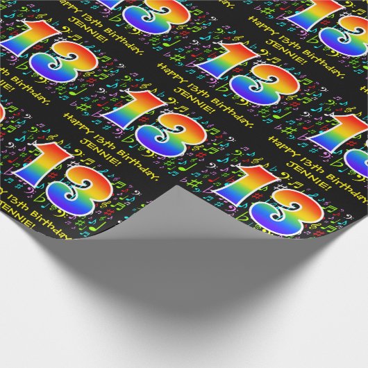 13誕生日:カラフル音楽シンボル、レインボー13 ラッピングペーパー (角)