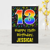13誕生日:カラフル音楽シンボル+虹13 カード (黄色い花)