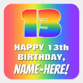 13誕生日: カラフル、おもしろいレインボーパターン# 13 スクエアシール (正面)