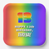 13誕生日: カラフル、おもしろいレインボーパターン# 13 ペーパープレート (正面)