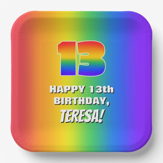 13誕生日: カラフル、おもしろいレインボーパターン# 13 ペーパープレート (正面)