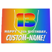 13誕生日: カラフル、おもしろいレインボーパターン# 13 ラージペーパーバッグ (正面)
