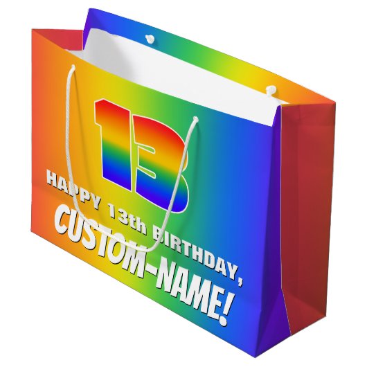 13誕生日: カラフル、おもしろいレインボーパターン# 13 ラージペーパーバッグ (正面アングル)