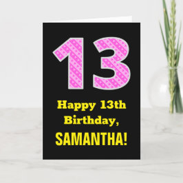 13誕生日:ピンクストライプのハートと13" +名前 カード