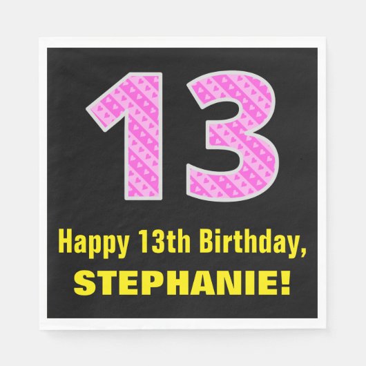 13誕生日:ピンクストライプのハートと13" +名前 スタンダードランチョンナプキン (正面)
