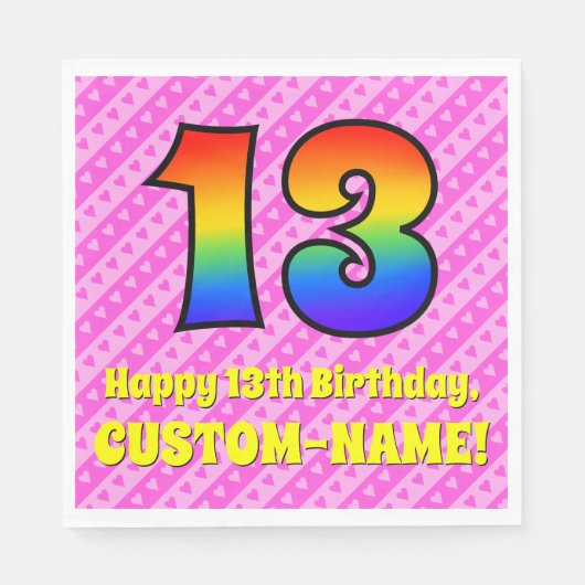 13誕生日：ピンクストライプのハート、レインボー# 13 スタンダードランチョンナプキン (正面)