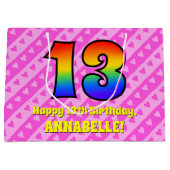 13誕生日:ピンクストライプのハート、レインボー# 13 ラージペーパーバッグ (正面)