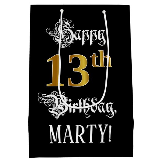 13誕生日～ファンシースクリプト；フェイク金ゴールド検索；名前 ミディアムペーパーバッグ (裏面)