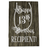 13誕生日: ファンシー, フェイク Wood Look +名前をカスタムする ミディアムペーパーバッグ (正面)