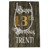 13誕生日:フェイク金ゴールドルック&ウッドフェイクパターン ミディアムペーパーバッグ (正面)