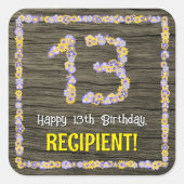13誕生日:フローラ番号、フェイク木目、名前 スクエアシール (正面)