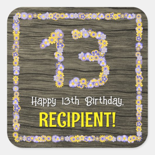 13誕生日:フローラ番号、フェイク木目、名前 スクエアシール (正面)