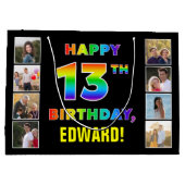 13誕生日：レインボー文字、カスタム写真&名前 ラージペーパーバッグ (裏面)