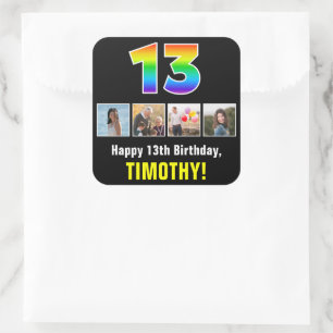 13誕生日:レインボー「13」、写真カスタムと名前 スクエアシール
