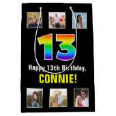 13誕生日:レインボー「13」、写真カスタムと名前 ミディアムペーパーバッグ (正面)