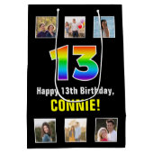 13誕生日：レインボー「13」、写真カスタムと名前 ミディアムペーパーバッグ (裏面)