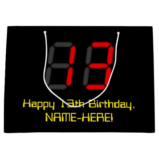 13誕生日：レッドデジタルクロックスタイル"13" +名前 ラージペーパーバッグ (正面)