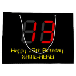 13誕生日：レッドデジタルクロックスタイル"13" +名前 ラージペーパーバッグ