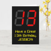 13誕生日:赤デジタルクロックスタイル「13」 +名前 カード (黄色い花)
