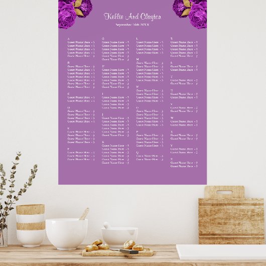 130紫と金ゴールドのフローラ結婚の座席表 ポスター (キッチン)