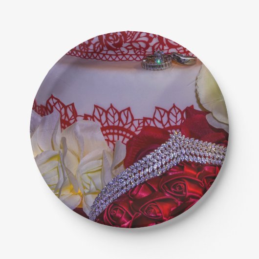 1304-結婚のケーキ、花束、リングや輪 ペーパープレート (正面)