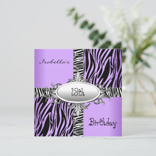 1310代の誕生日ゼブラワイルドパープルアニマルブラック 招待状 (スタンド正面)