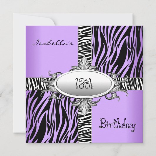 1310代の誕生日ゼブラワイルドパープルアニマルブラック 招待状 (正面)
