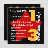 1310代の誕生日ブモダンラックレッド金ゴールド星B02 招待状 (正面/裏面)