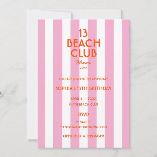 13 Beach Club Cabana Stripe 13th Birthday Party  招待状 (正面)