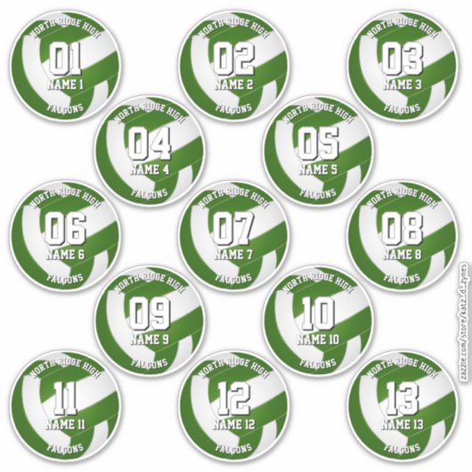 13 green volleyball stickers one for each athlete シール (正面)