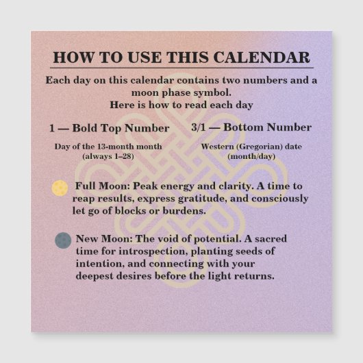 13-Month Moon Phase Zodiac instructions Calendar (正面)