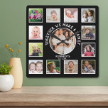13 Photo Collage Together家族引用文名黒 スクエア壁時計<br><div class="desc">13の写真で独自のフォトコラージュのウォールクロックを作お気に入りの成する。フォトフレーム救済の時計は、あなたの特別な瞬間を大切にし、また、両親、祖父母、友人のための思いやりのある贈り物を作る。家族パーソナライズされたの時計はすべての行事に最適な贈り物だ。姓と確定日でパーソナライズ。「一緒に家族を作る」引用文は、フォトウォールユニーククロックにtouchを追加する。</div>