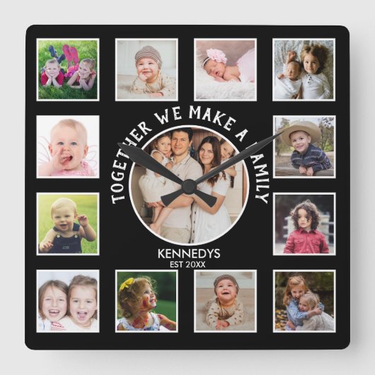 13 Photo Collage Together家族引用文名黒 スクエア壁時計 (正面)