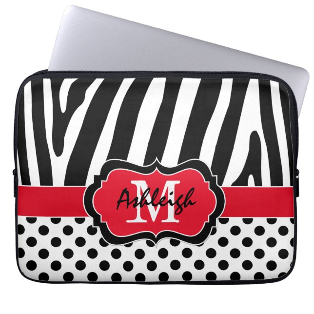 13" Red Black Zebra Stripes Polka Dots Laptop Case ラップトップスリーブ (正面)
