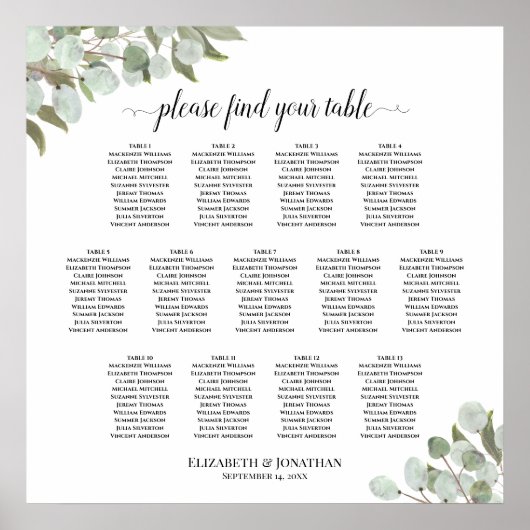 13 Table Eucalyptus Greenery Wedding Seating Chart ポスター (正面)