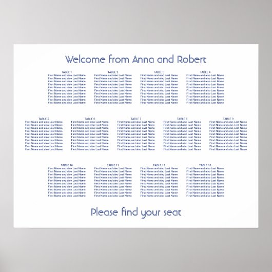 13 Table Minimalist Dark Blue Seating Chart ポスター (正面)