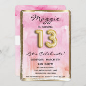 13thガール誕生日ピンクと金ゴールド 招待状 (正面/裏面)