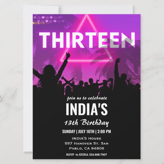 13thバースデーパーティーピンクネオン 招待状 (正面)