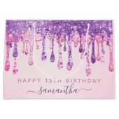 13thバースデーパーティーピンクパープルグリッタードリッピング ラージペーパーバッグ (正面)