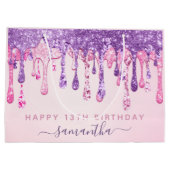 13thバースデーパーティーピンクパープルグリッタードリッピング ラージペーパーバッグ (裏面)