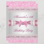 13thバースデーパーティーピンクホワイトフローラダマスク 招待状 (正面/裏面)
