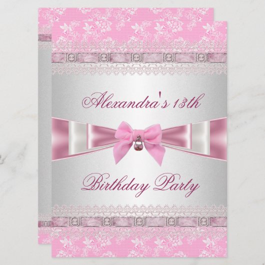 13thバースデーパーティーピンクホワイトフローラダマスク 招待状 (正面/裏面)
