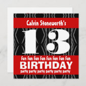13thバースデーパーティーブラックレッドホワイトコンテンポラリー 招待状 (正面/裏面)