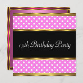 13thバースデーパーティー金ゴールドピンクホワイト水玉模様 招待状 (正面/裏面)