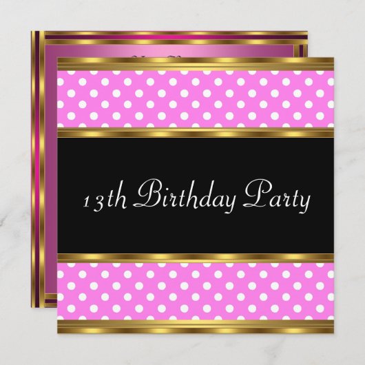 13thバースデーパーティー金ゴールドピンクホワイト水玉模様 招待状 (正面/裏面)