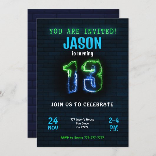 13thボーイ誕生日招待状 招待状 (正面/裏面)