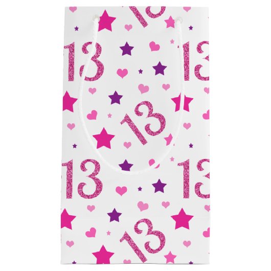 13th女の子誕生日抱き枕ピンクパープルグリッター スモールペーパーバッグ (正面)